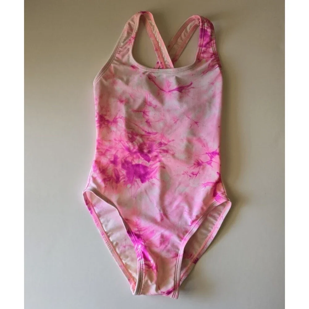 Vintage 2000s Girls Pink Tie Dye Leotard Swimsuit Size S 6-7 Cross Back Keyhole